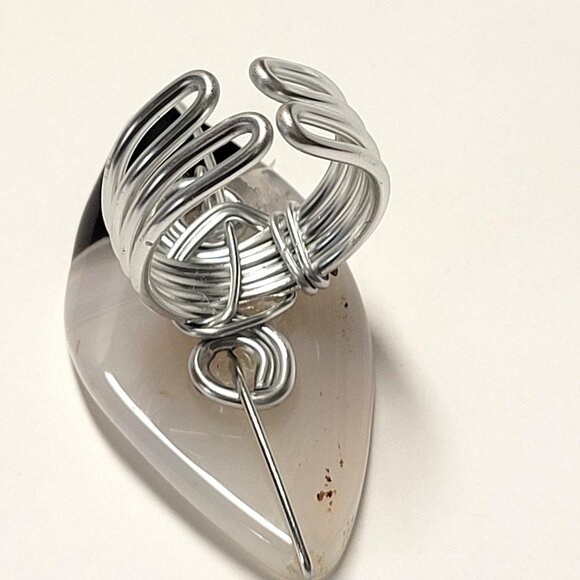 Banded White Black Agate Polished Ring Adjustable Band Semi Precious Ring - Picture 5 of 8